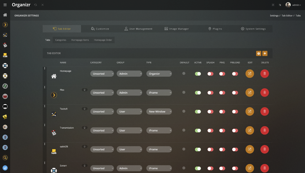 Organizr interface