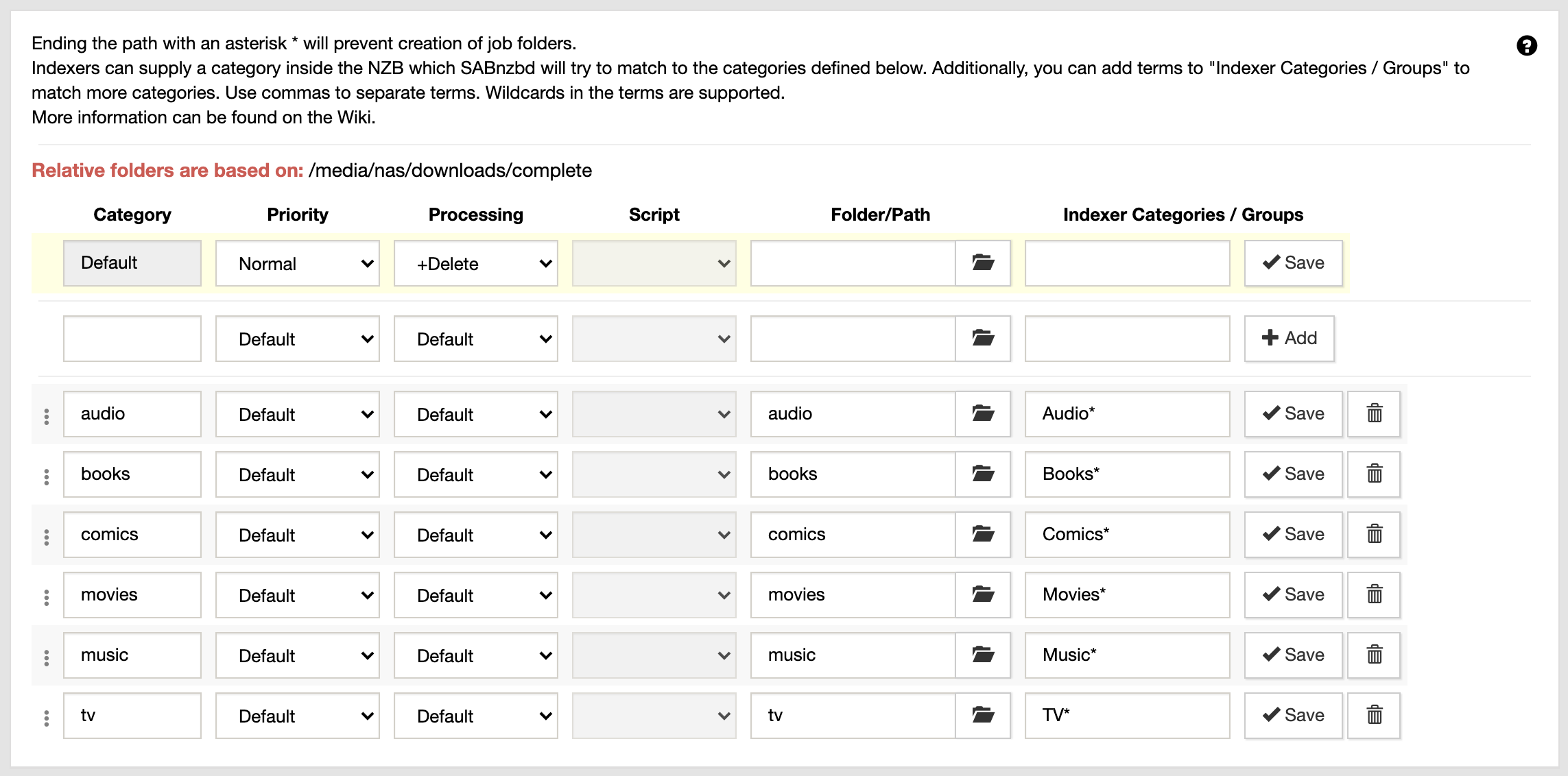 The SABnzbd Categories settings with the rows to add or modify