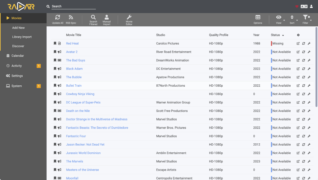 Radarr interface