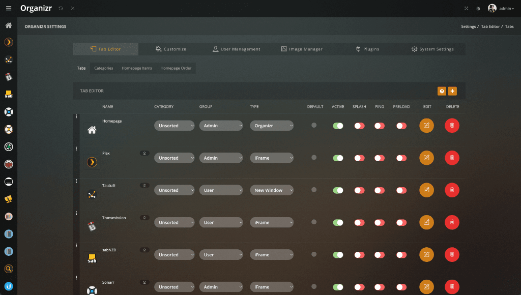 Organizr interface